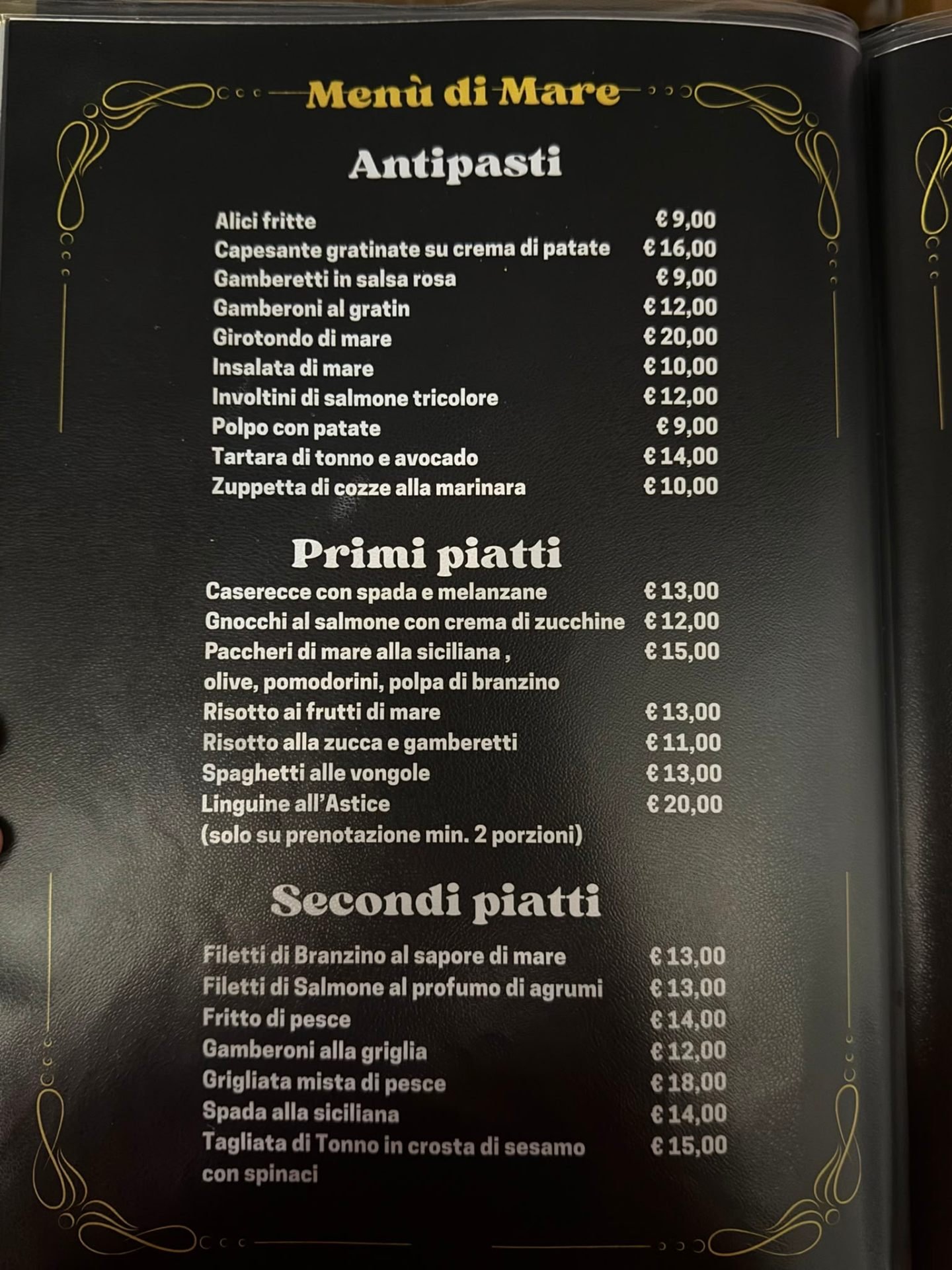 Menu di mare — antipasti, primi e secondi di pesce del Ristorante Pizzeria da Matteo