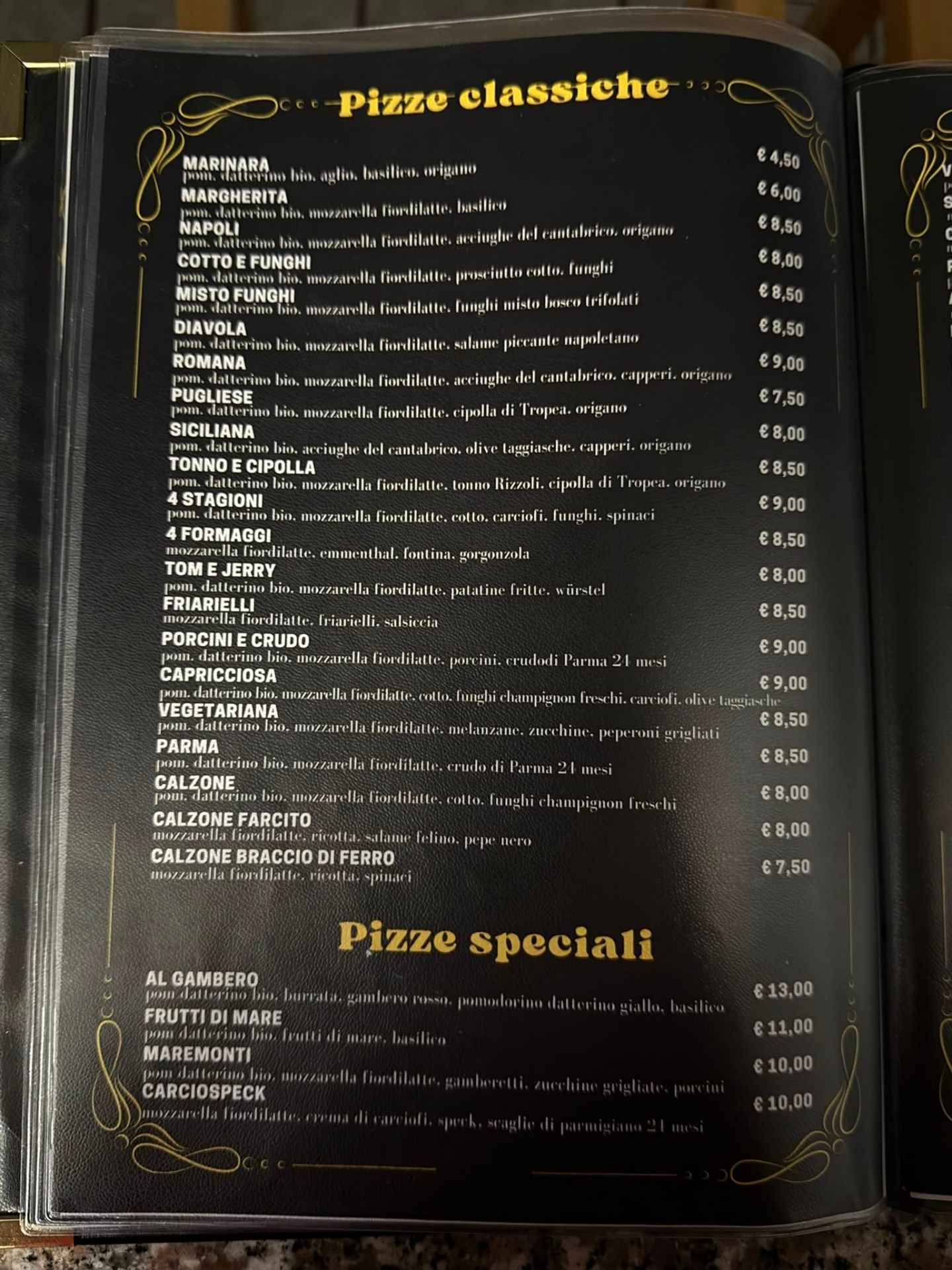 Menu pizze classiche del Ristorante Pizzeria da Matteo