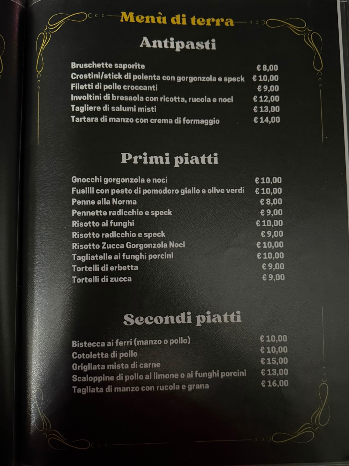 Menu di terra — antipasti, primi e secondi di carne del Ristorante Pizzeria da Matteo